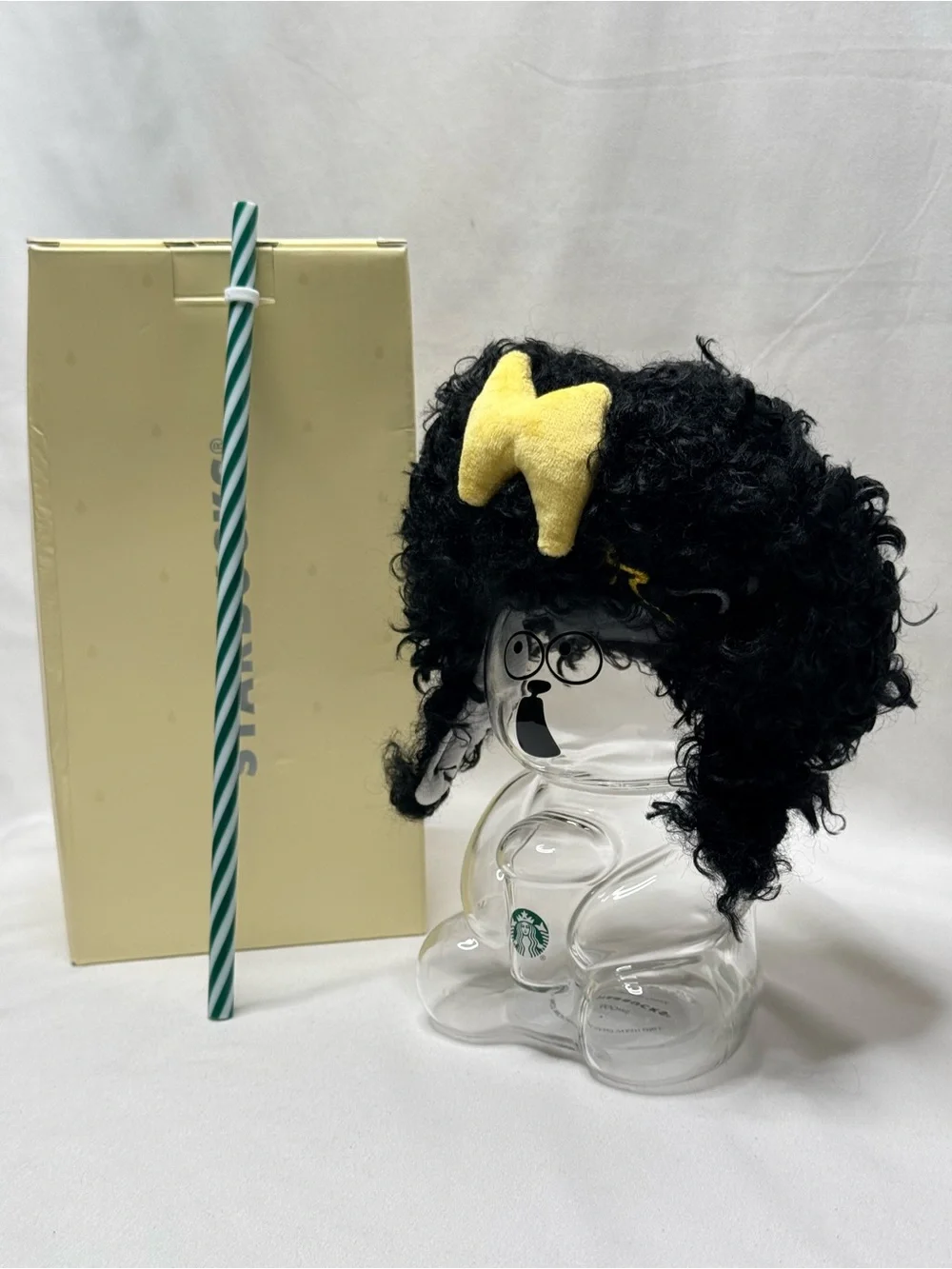Rare Starbucks Bearista Glass Tumbler with Curly Hair Wig & Striped Straw Boxed